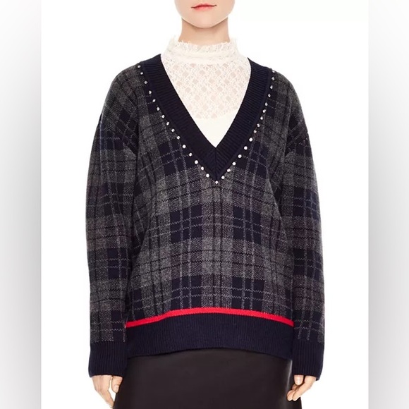 Sandro José Plaid Oversized V-neck Sweater with Rhinestones - Picture 7 of 7